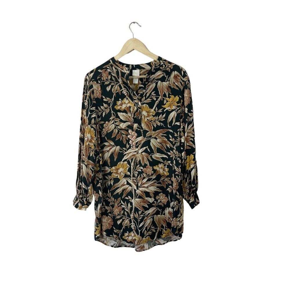 H&M 6 Tunic Top Dark Green Botanical 3/4 Sleeve Partial Button Pullover Womens